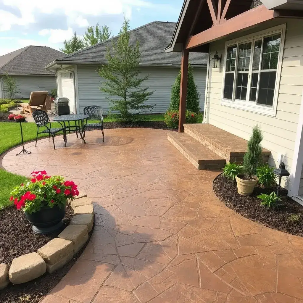 Intricate stamped concrete patio with a brick pattern, surrounded by lush New Jersey landscaping