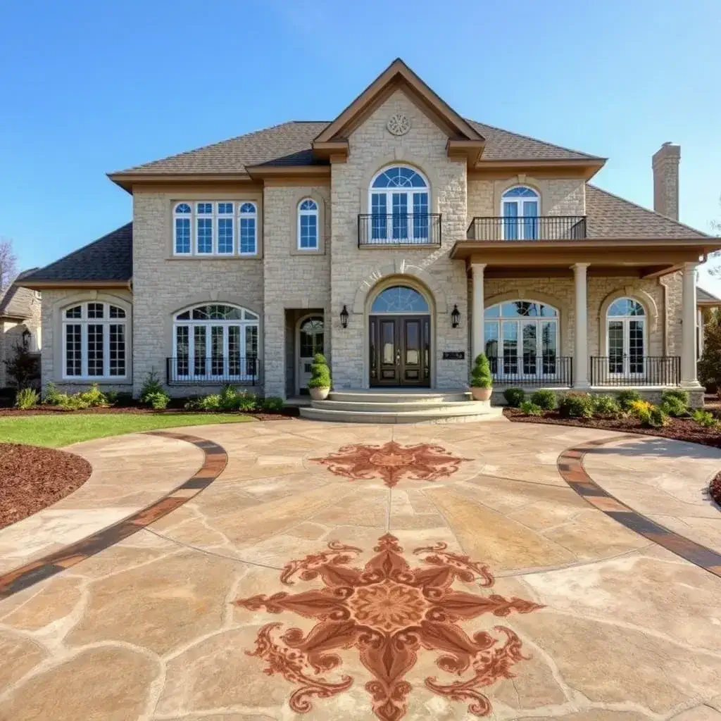 A decorative concrete walkway leading to a residential entrance